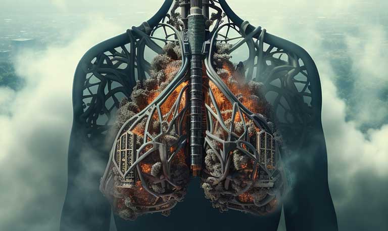 Concept photo of breathing air pollution into the lungs