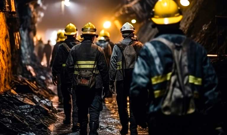 Coal miners walking through a mine wearing protective gear