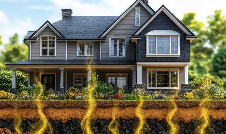 Illustration of a house showing gas-like vapors rising from underground soil and rock layers into the home, representing radon exposure from naturally occurring radioactive gas beneath residential foundations.