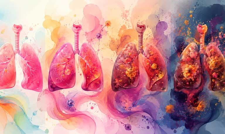 Artistic display of the stages of lung cancer development.