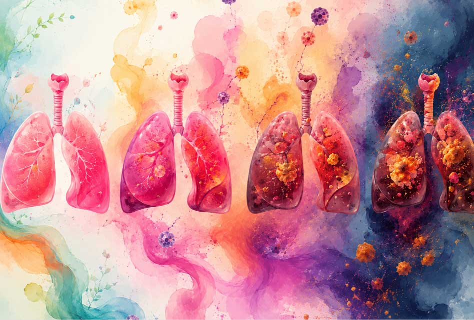 Artistic display of the stages of lung cancer development.