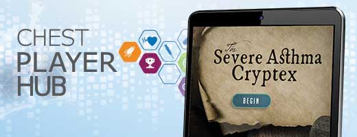 Artwork for the Severe Asthma Cryptex game on a tablet, with the CHEST Player Hub logo in the background