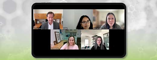 Tablet showing screenshot of five webinar speakers