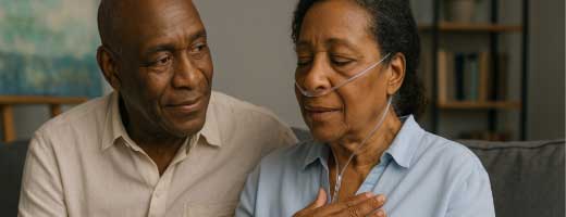 Woman on oxygen has her eyes clothes and hand on chest, breathing