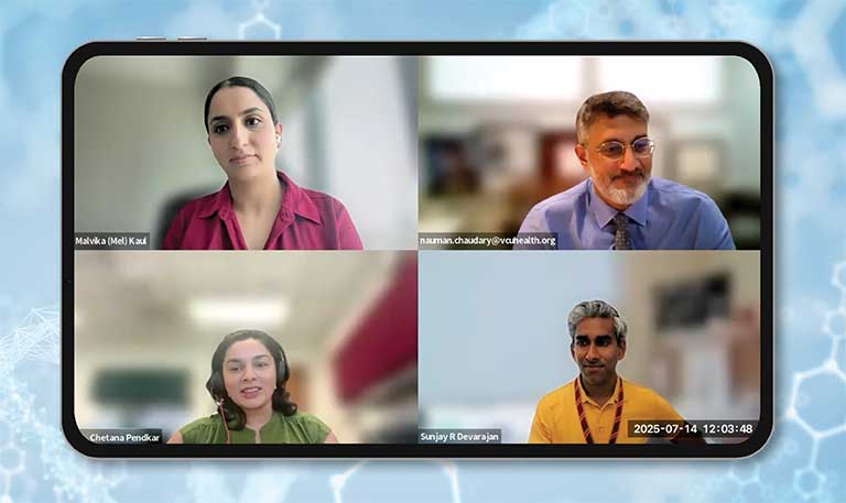 Malvika Kaul, MD, Nauman Chaudary, MBBS, FCCP, Chetana Pendkar, MBBS, FCCP, and Sunjay R. Devarajan, MD, FCCP, on a Zoom call.
