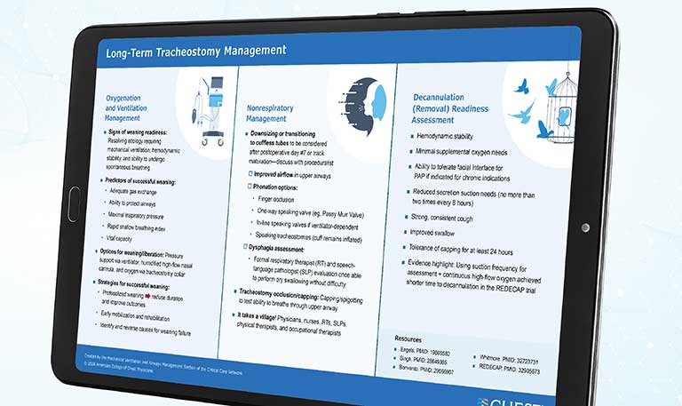 Long-Term Tracheostomy Management infographic displayed on a tablet