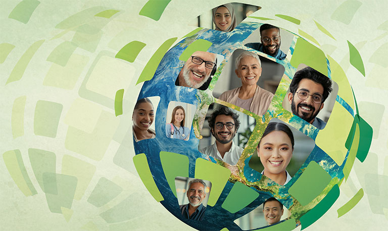 Photos of people making up a globe shape