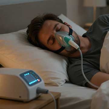 A man lies in bed using a CPAP machine with an oxygen mask to assist his breathing while resting